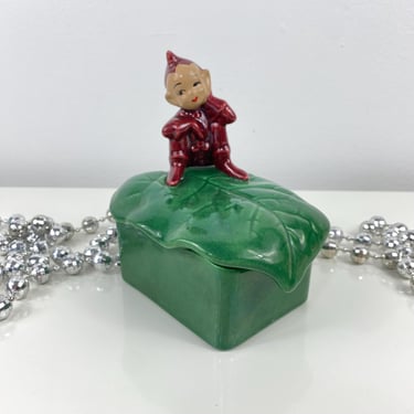 Vintage Ceramic Pixie Elf Sitting On Leaf Trinket Box Gilner Ca. Pottery, Red PIxie elf Ceramics, Old Ceramic Box Green Leaf, Mystical 