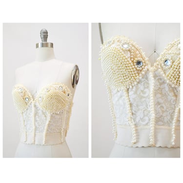 80s 90s Vintage Pearl Rhinestone Lace Bustier Top Small 80s 90s Glam Pearl wedding Bridal Shower Rhinestone Corset Bustier by Lillie Rubin 