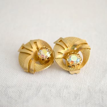 1950s AB Rhinestone and Gold Circle Clip Earrings 