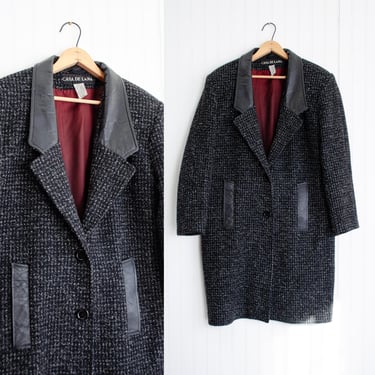 black wool coat 80s 90s vintage Casa de Lana tweed leather oversized coat 