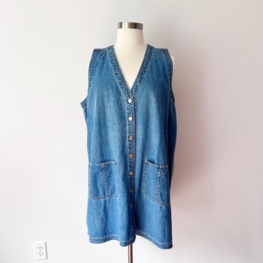 SIZE 3X Denim Shift Dress / 1980s Medium Wash Denim Zip Front Pinafore Dress 