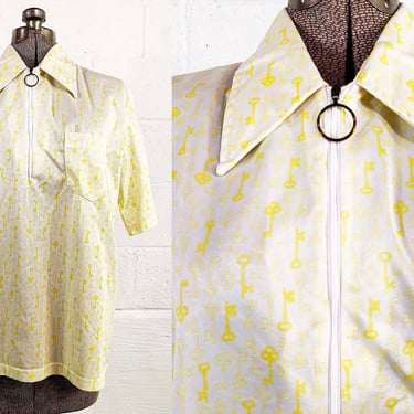 Vintage Jantzen Key Print Collard Shirt Yellow O-ring Half Zip Front Short Sleeve Patch Pocket Mod Men's Unisex 1960s 60s Large XL 
