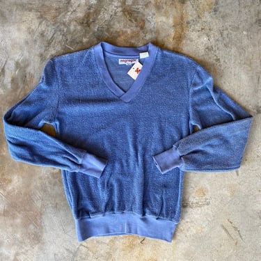 70s McGregor Chenille Terry V Neck Sweatshirt Light Blue 