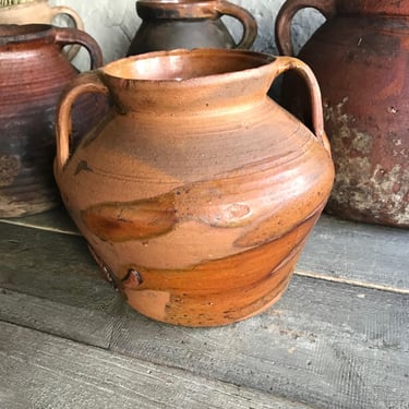 Antique Pottery Jug, 19th C Terra Cotta Pot, Earthenware, Redware, Partial Slip Glaze, Rustic European Farmhouse 