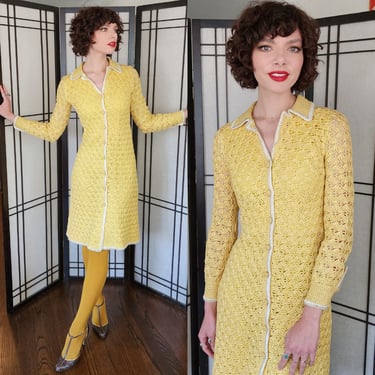 60s Yellow Knit Dress Button Down Front Handmade France 