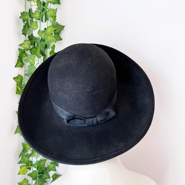 Vintage Black Wool Hat / Wool Wide Brim Hat with Ribbon and Bow / Lite Felt Hat / 100% Wool 