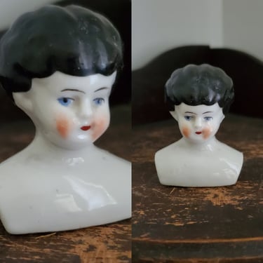 Antique Low Brow China Doll Head with Painted Black Hair - 2 Inches Tall - Antique German Dolls - Collectible Dolls - Doll Parts 