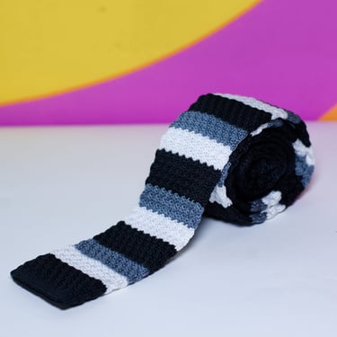 Retro Knit Necktie Black White Gray Striped 