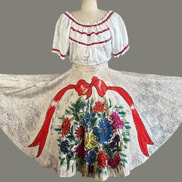 1950s Circle Skirt / Sequined Mexican Circle Skirt With Bow & Flower Pattern / Mexican Souvenit Skirt / Size Medium 
