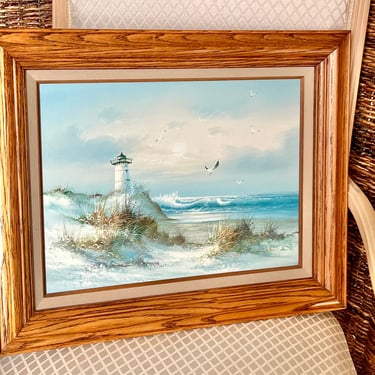 Framed Oil Painting, Coastal, Lighthouse, Beachy Sea Scene, Mid Century Art, Signed Vintage OOAK Wall Decor 