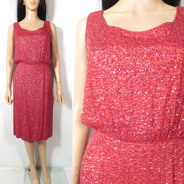 Vintage 60s Red Sequin Formal Party Holiday Dress Size XS 