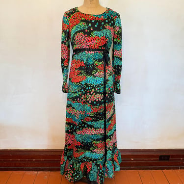 Black and Multicolored Floral Print Maxi Dress - 1970s 