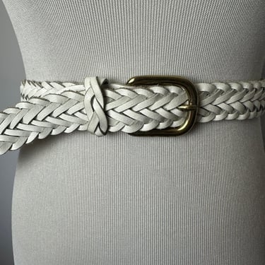 Vintage braided woven leather belt/ White/ boho hippie style~ long skinny trouser belt~ 80’s 90’s style/ open size up to 37” waist / volup 