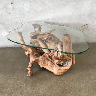 Driftwood Coffee Table with Organic Shaped Glass