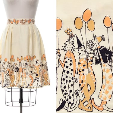 Vintage 1950s 1960s Skirt | 50s 60s Novelty Border Print Clowns Cotton High Waisted A-Line Skirt (medium) 