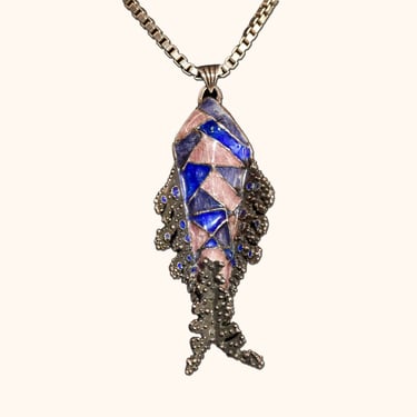 Huge Silver Enamel Fish Pendant, Vibrant Purple/Blue Colors, Statement Piece, Bohemian Jewelry, 4 1/8