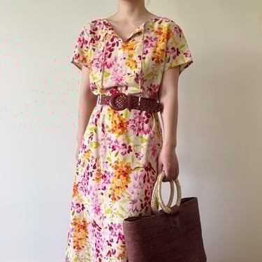 vintage dress linen dress floral dress maxi dress midi dress khaki pink orange market dress field dress long dress shirt dress size M/L 
