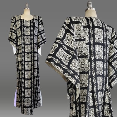 Watumull's Pake Muu / 1940s Hawaiian Dress / Angel Sleeve Caftan / Black & White Hawaiian Dress / Watumull's Honolulu / Size Extra Large XL 