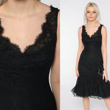 60s Cocktail Dress Black LACE Dress Party Dress 1960s Wiggle Hourglass Sixties Mermaid Hem Vintage Formal Fitted Sleeveless Extra Small xs 