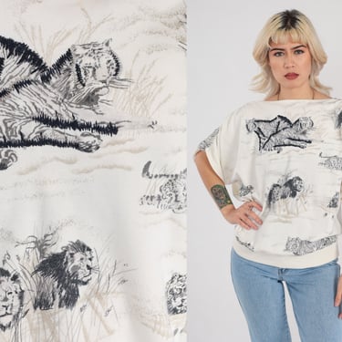 Big Cat Shirt 80s Lion Tiger Leopard Cheetah Print Blouse Retro Metallic Dolman Sleeve Top Jungle Wildlife Novelty Vintage 1980s Large L XL 