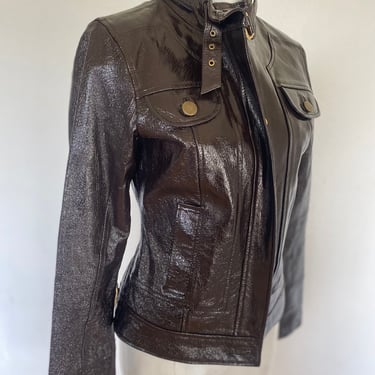 90s y2k Vintage Patent Leather Jacket, shiny brown jacket, vintage jacket, 90's grunge unisex jacket, retro moto jacket size small 