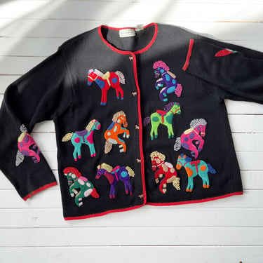 embroidered sweater 90s y2k vintage Belle Pointe rainbow circus carnival horse cardigan 