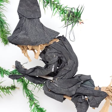 Antique 1930's Hand Made Crepe Paper Halloween Witch with Hat & Broom, Vintage from Maine Estate 