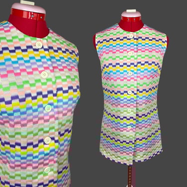 Vintage 1960s Groovy Rainbow Checkered Hippie Tunic Vest Gift 