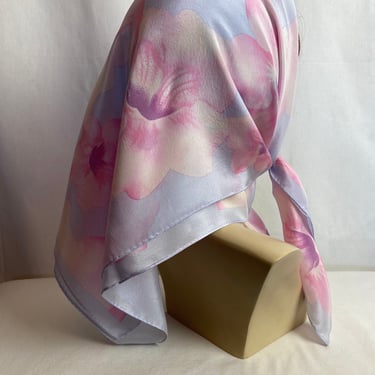Vintage Silk scarf~ hand rolled head scarf shawl pussycat bow~ hair wrap 100% silken large square~ pastels ombre floral pink & blues 