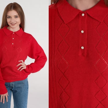 Red Collared Sweater 90s Pointelle Knit Sweater Angora Wool Diamond Cutout Polo Sweater Pullover Preppy Cut Out Vintage 1990s Medium Petite 