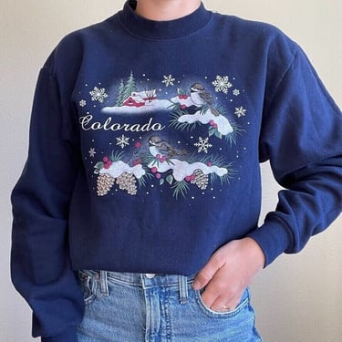 Vintage Womens 90s Navy Blue Christmas Theme Oversized Crewneck Sweatshirt Sz M 