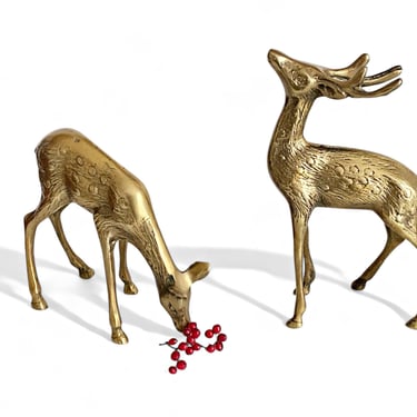 Vintage Brass Reindeer Figurines - Stag and Doe Deer Holiday Decor - Rustic Woodland Thanksgiving Display 