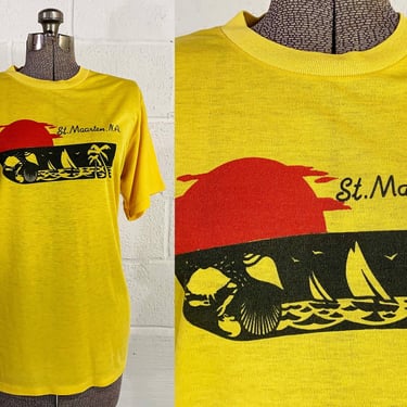 Vintage Souvenir T-Shirt St. Maarten Island Caribbean Tee Single Stitch Short Sleeve Tee Hipster Shirt Yellow 1980s 1970s Unisex Large 