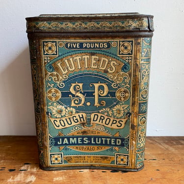 Antique Lutted's S.P. Sanspareil Cough Drops Store Display 5 pound Tin, Buffalo, New York, Teal Ornate Tin,  Farmhouse Decor, Antique Advert 