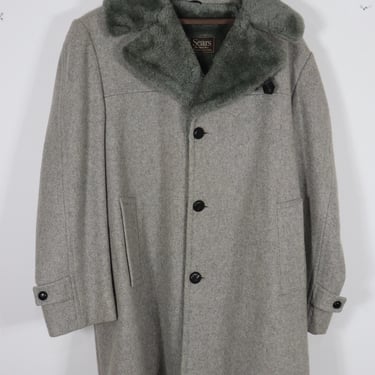 Vintage 70s/80s Sears Wool Coat Gray Men's Size Large/42? Pile Lining Faux Fur Collar Used 