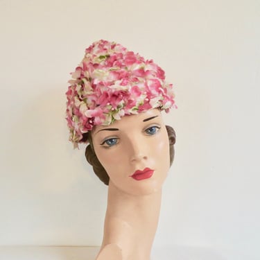 Vintage 1960's Pink Silk and Velvet Flowers Cone Shape Bee Hive Hat Spring Summer 60's Millinery Mid Century Hats 