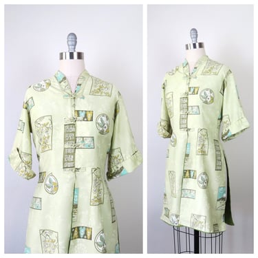 Vintage 1950s Hawaiian print tea timer blouse Stan Hicks top frog closure cotton tunic size large VLV Viva Las Vegas 