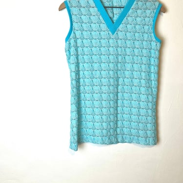 vintage 60s 70s teal blue v neck top / vintage Sears womens sleeveless shirt / 1970s womens fashion / 60s psychedelic shirt / size 8 size 10 