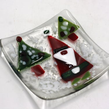 vintage Fused Glass Santa with Christmas Trees Dish 