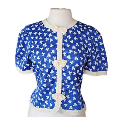 Vintage 80s Graphic Blouse w/Bows Blue & White Petites for Maggy 