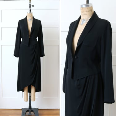 vintage 1990s women's tuxedo suit • 2 piece black tie menswear style tux jacket and full length skirt 