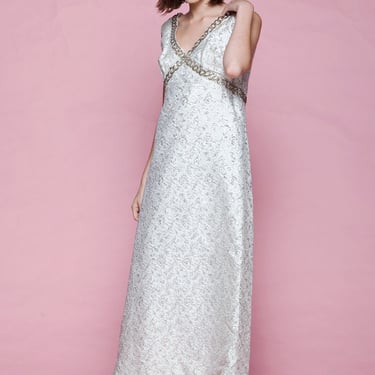 evening dress silver metallic gown empire waist v neck maxi vintage 60s LARGE L 