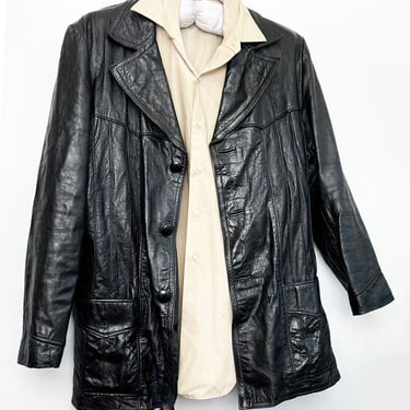 1970's Real Black Leather Jacket Coat Men's Vintage Fight Club Blazer, Hippie, 44" Chest, MINT, Disco, Sport Coat 1980's 
