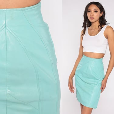 Aqua Leather Skirt 90s Mini Skirt High Waisted Pencil Wiggle Skirt Side Slit Sexy Party Glam Seafoam Blue Green Vintage 1990s Extra Small xs 