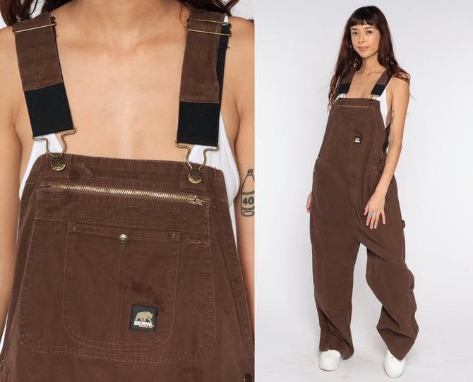 Brown Work Overalls Baggy Zipper Pants Cargo Dungarees Grunge Normcore Bib Workwear Vintage Berne Work Wear Men's 42 X 30 Large L 