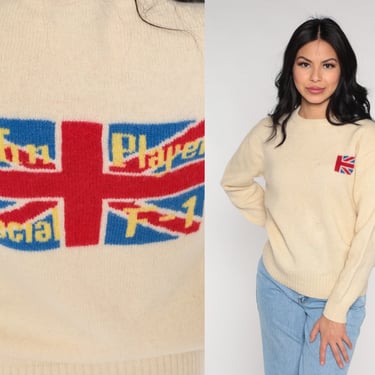John Player Special F1 Sweater Cream Wool Sweater 80s Race Car Pullover British Flag Knit 1980s Racing Bohemian Vintage Small 