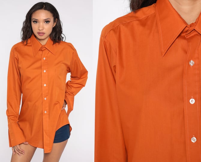 Orange Button Down Blouse Gold Buttons L EUC Vintage 2024 1970s