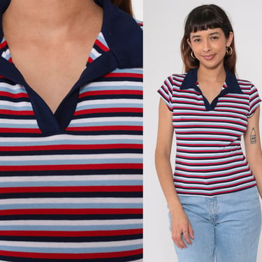 Y2K Striped Shirt Johnny Collar V Neck Shirt Red White Blue Navy Retro Top Polo Shirt Preppy Collared Vintage 00s Tight Fitted Shirt Small 