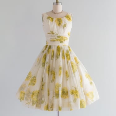 1950's Yellow Rose Chiffon Party Dress / XS