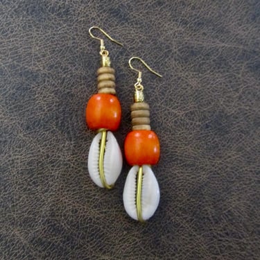 Cowrie shell earrings, bold wooden earrings, African Afrocentric earrings, seashell earrings, exotic ethnic earrings, orange earrings 